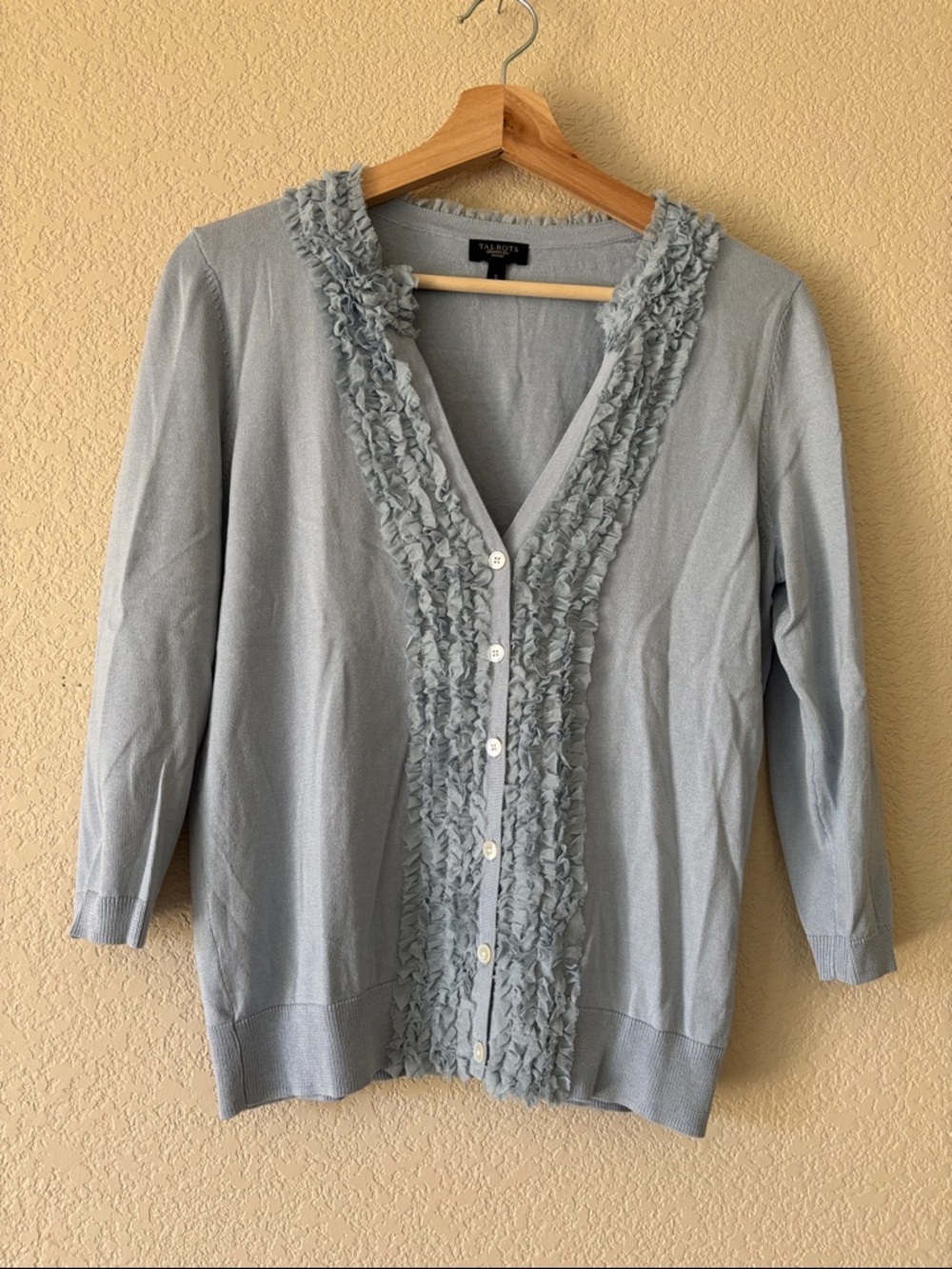 Talbots Petiites Light Blue Ruffle-Trim V-Neck Cardigan - Picture 2 of 4